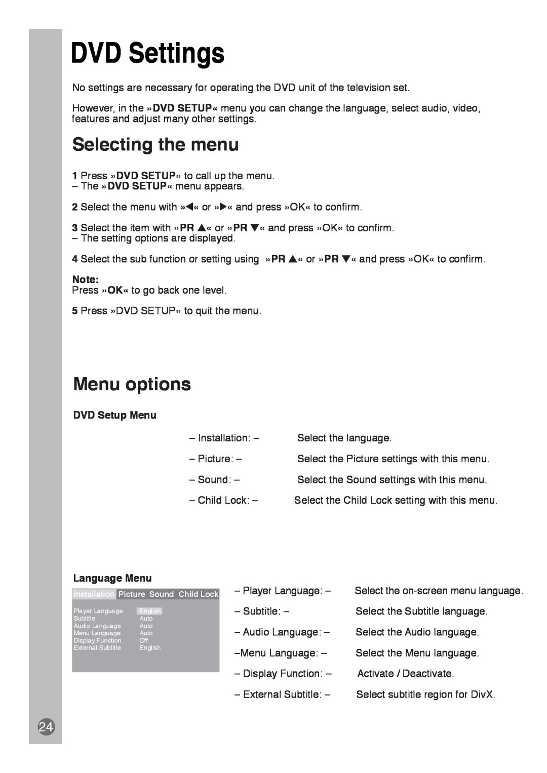 Beko E5 manual DVD Settings, Selecting the menu, Menu options, DVD Setup Menu, Language Menu 