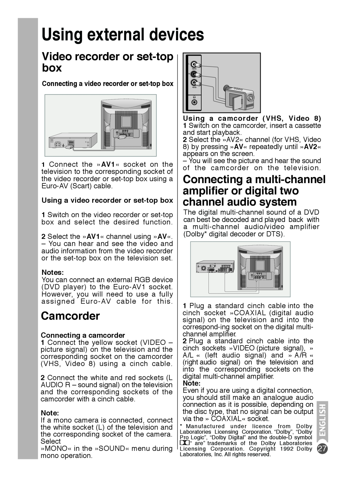 Beko E5 manual Video recorder or set-top box, Camcorder, Using external devices, Using a video recorder or set-top box 