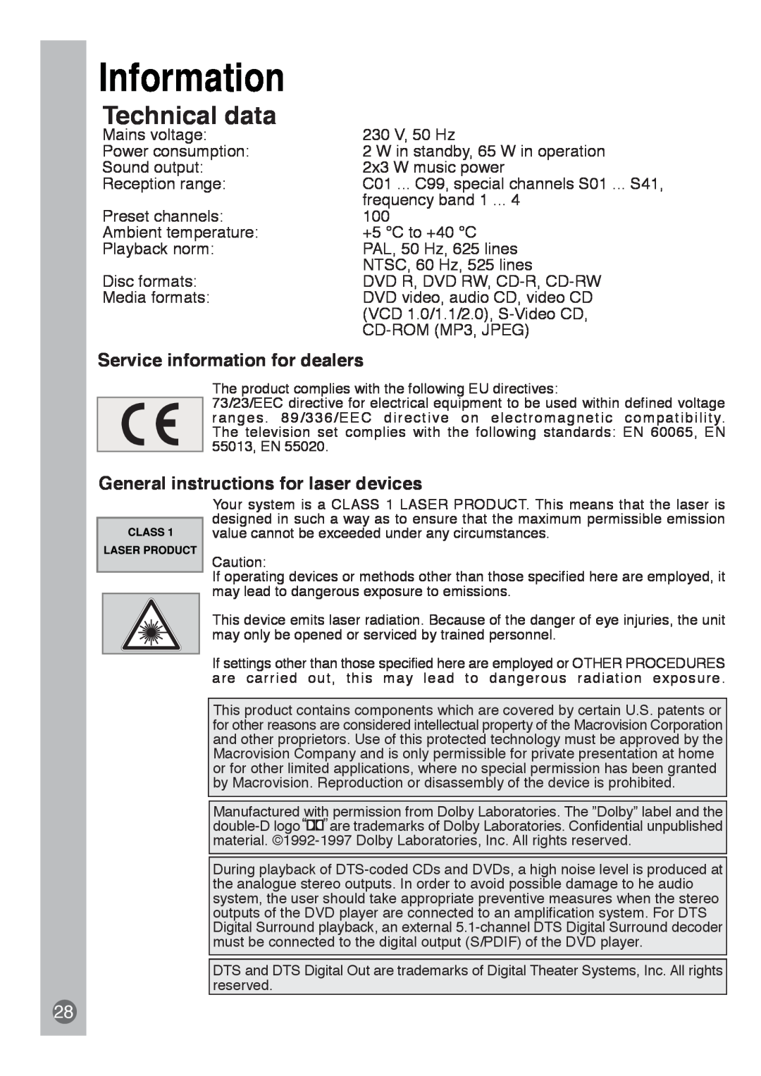 Beko E5 manual Information, Technical data, Service information for dealers, General instructions for laser devices 