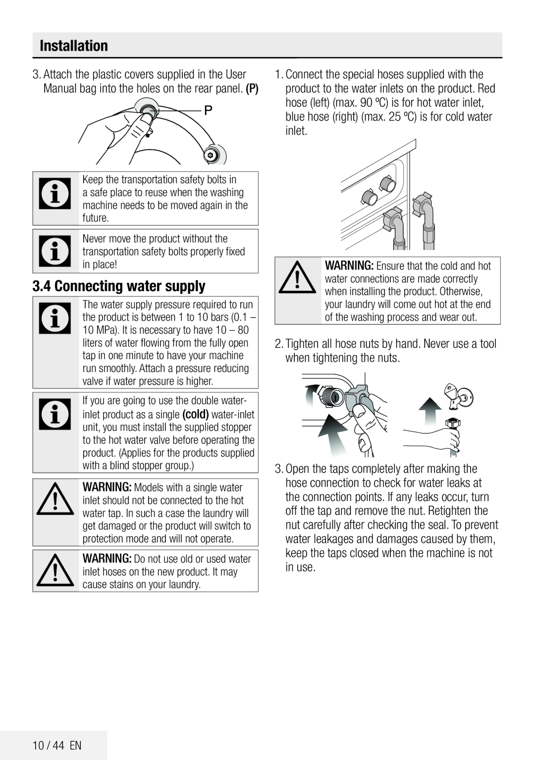 Beko ECO WMB 81445 LW manual Installation, Connecting water supply, 10 / 44 EN 