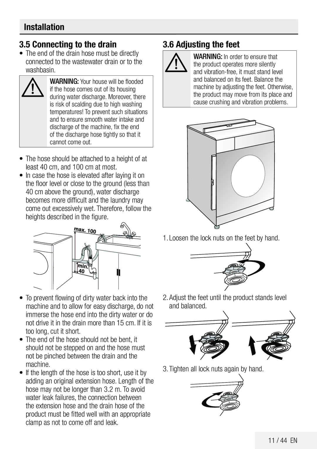 Beko ECO WMB 81445 LW manual Installation Connecting to the drain, Adjusting the feet 