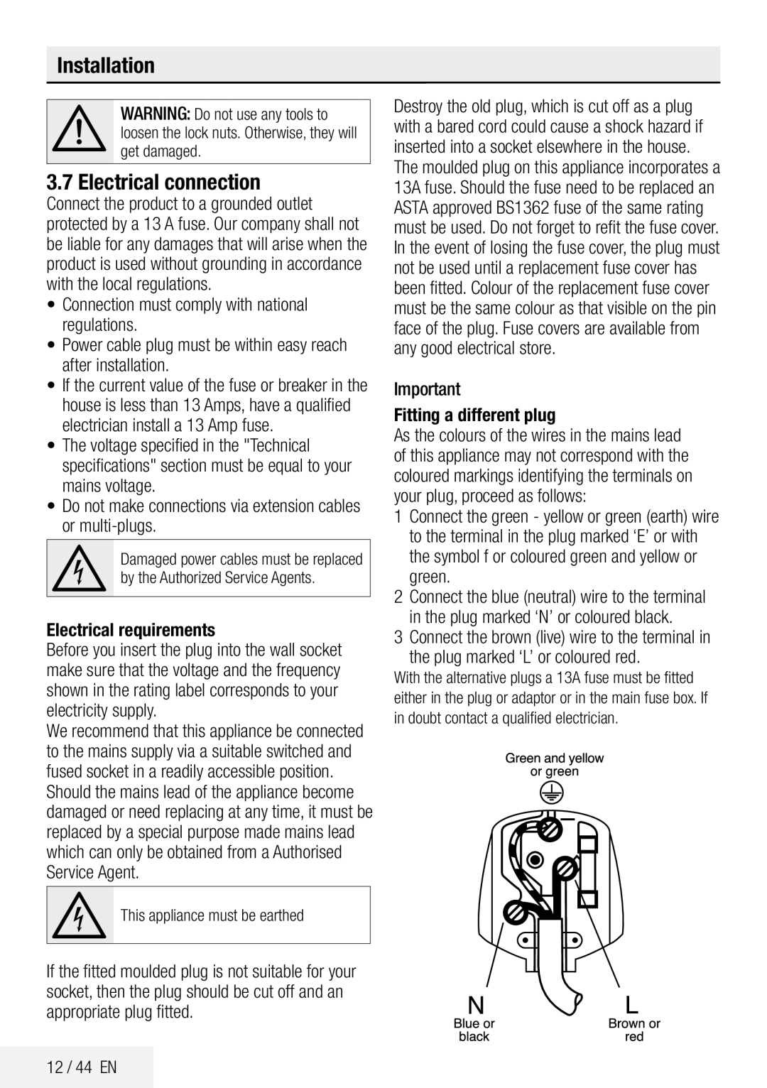 Beko ECO WMB 81445 LW Installation Electrical connection, Electrical requirements, Fitting a different plug, 12 / 44 EN 