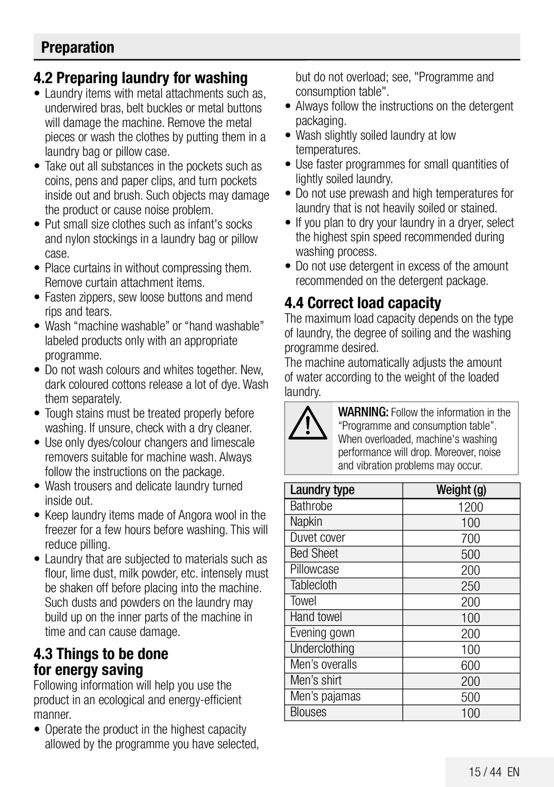 Beko ECO WMB 81445 LW manual Preparation Preparing laundry for washing, Correct load capacity 