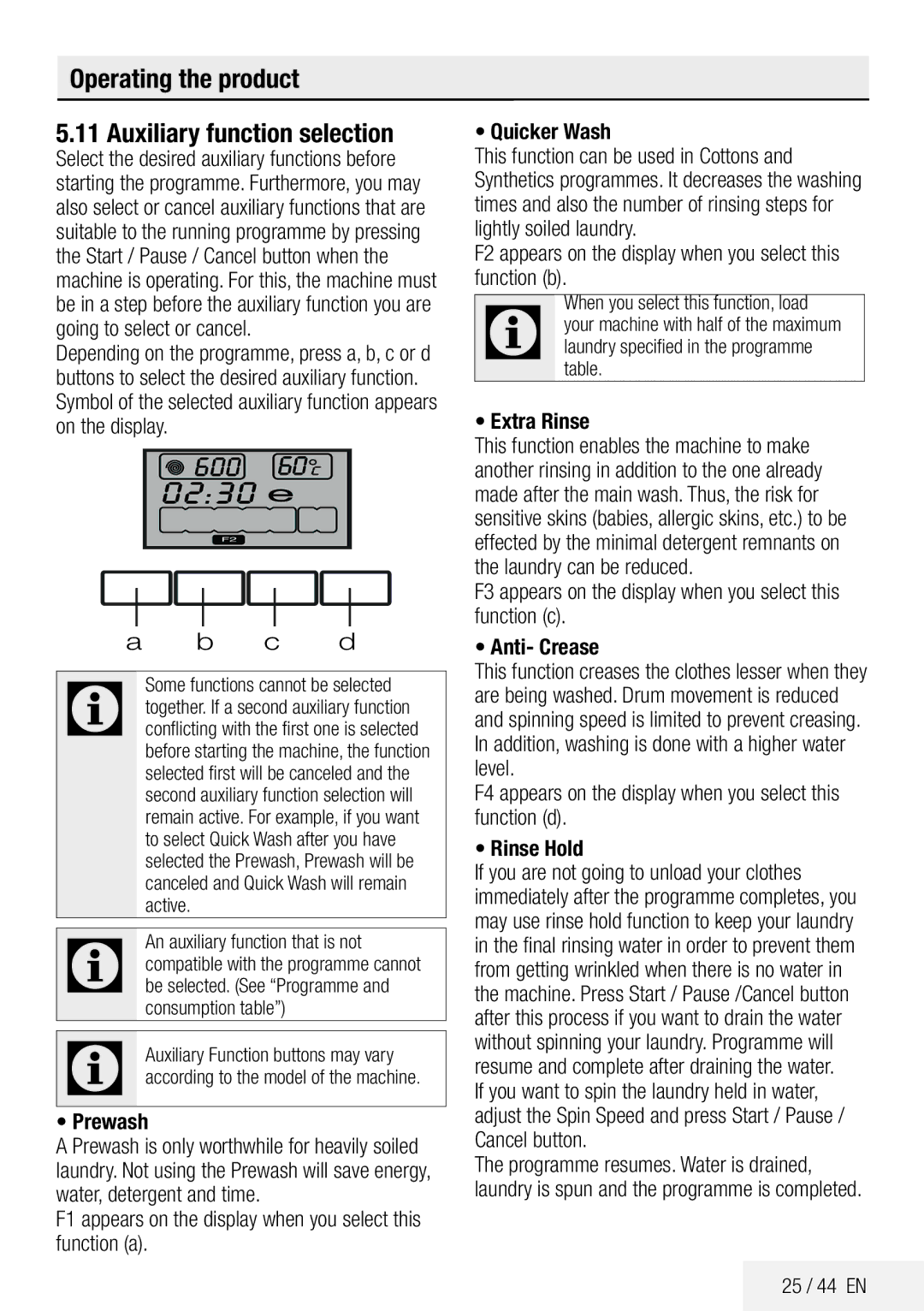 Beko ECO WMB 81445 LW manual Operating the product Auxiliary function selection, Prewash, Extra Rinse, 25 / 44 EN 