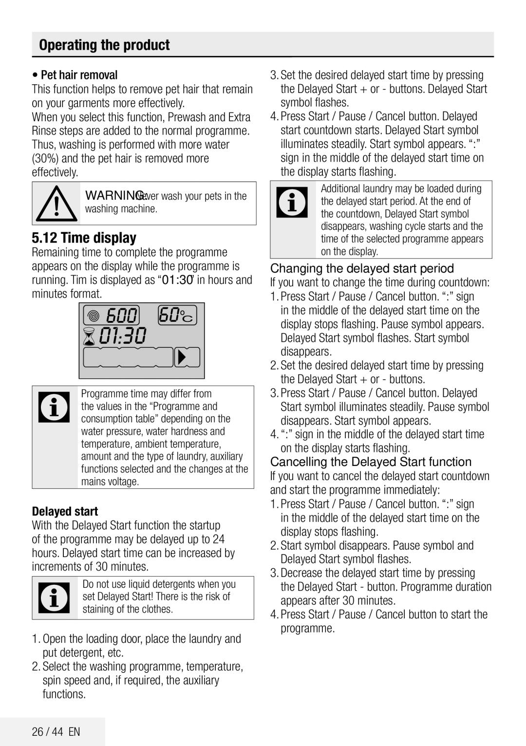 Beko ECO WMB 81445 LW manual Time display, Pet hair removal, Delayed start, Changing the delayed start period 