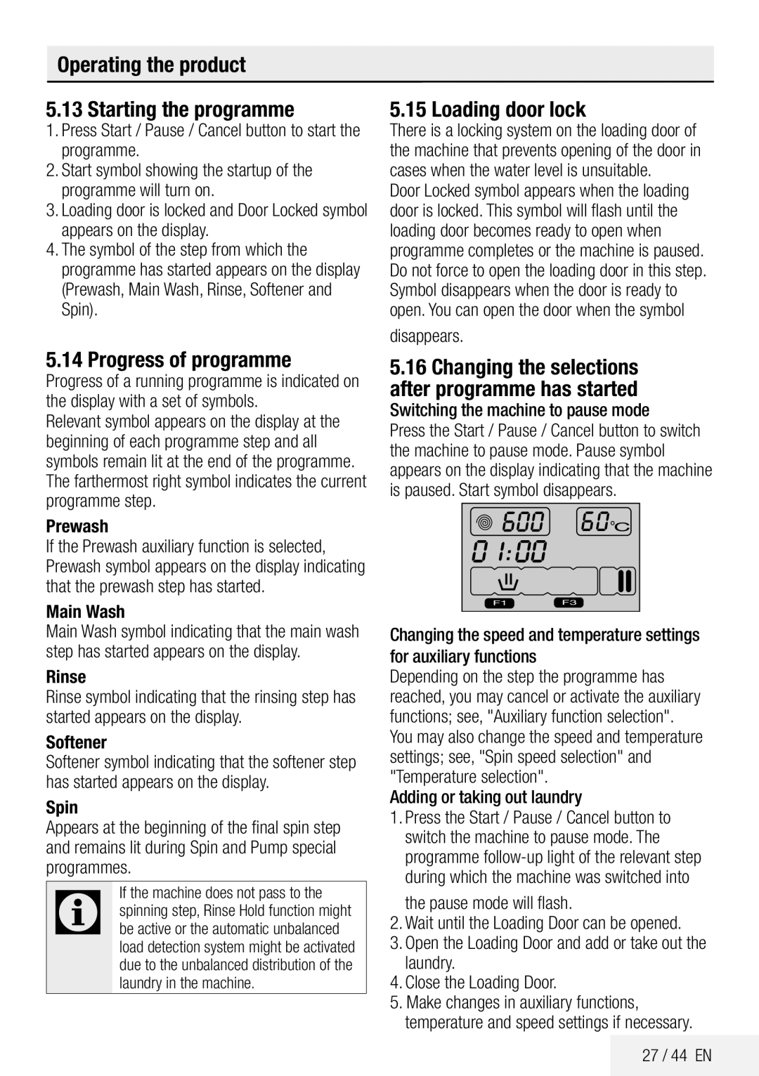 Beko ECO WMB 81445 LW manual Operating the product Starting the programme, Progress of programme, Loading door lock 