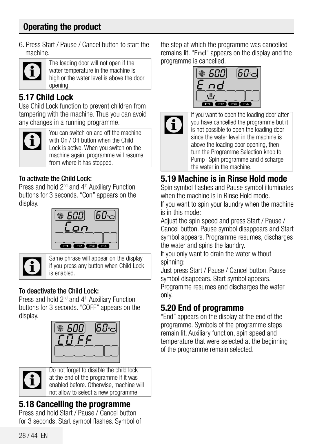 Beko ECO WMB 81445 LW manual Child Lock, Cancelling the programme, Machine is in Rinse Hold mode, End of programme 