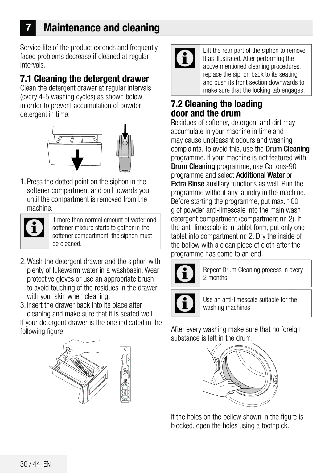 Beko ECO WMB 81445 LW manual Cleaning the detergent drawer, Cleaning the loading door and the drum, 30 / 44 EN, Months 