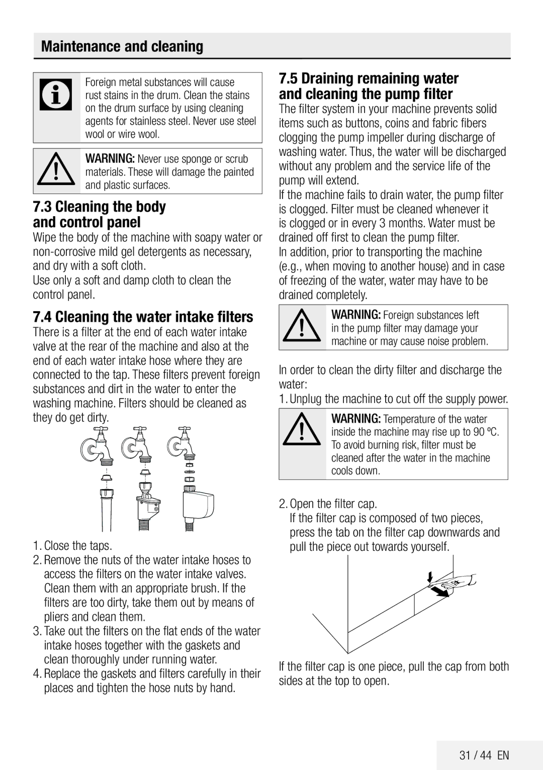 Beko ECO WMB 81445 LW Maintenance and cleaning, Cleaning the water intake filters, Cleaning the body and control panel 