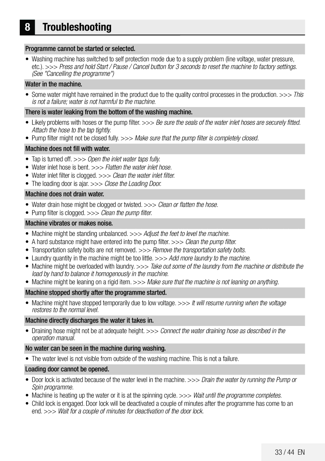 Beko ECO WMB 81445 LW manual Troubleshooting, 33 / 44 EN, Programme cannot be started or selected 