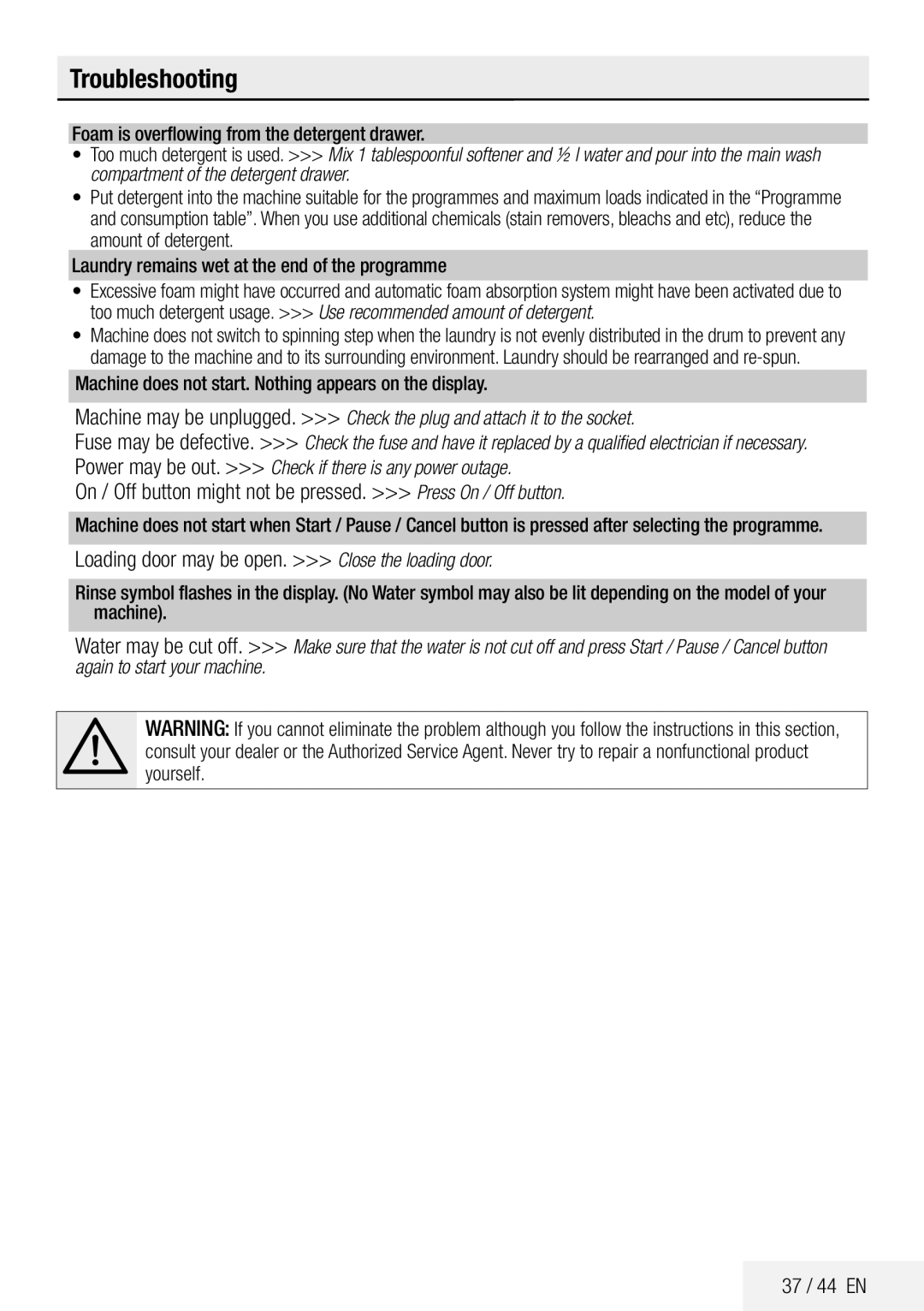 Beko ECO WMB 81445 LW manual On / Off button might not be pressed. Press On / Off button, 37 / 44 EN 