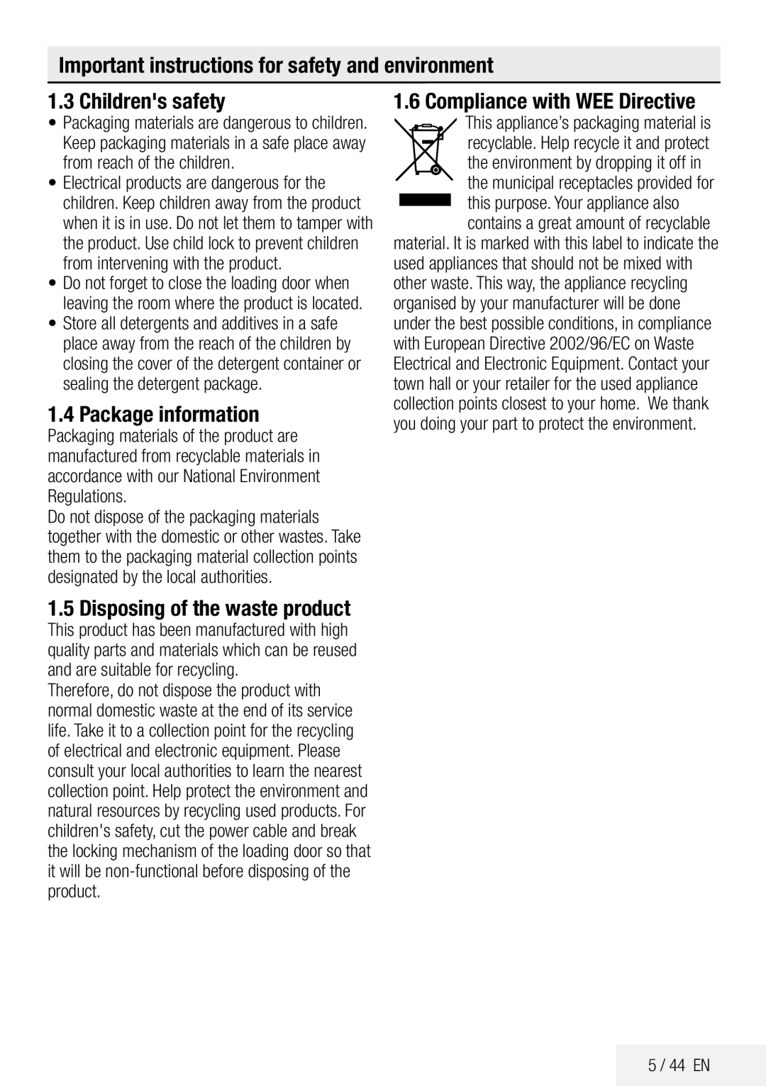 Beko ECO WMB 81445 LW manual Package information, Compliance with WEE Directive, Disposing of the waste product 