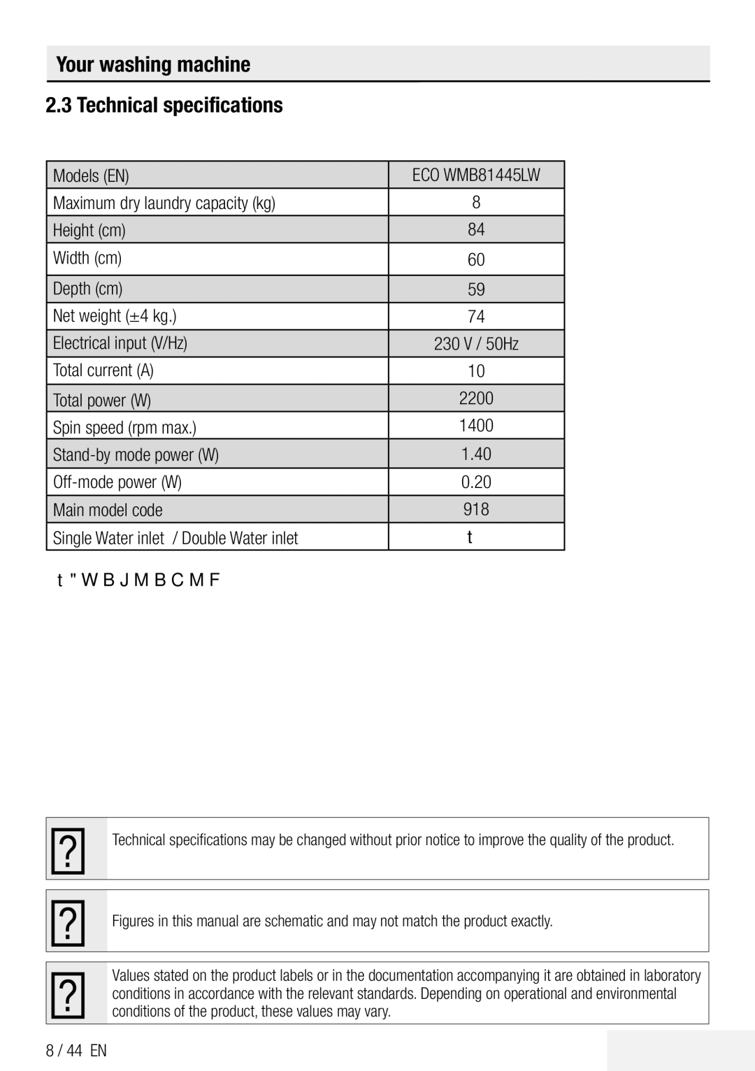 Beko ECO WMB 81445 LW manual Your washing machine Technical specifications 