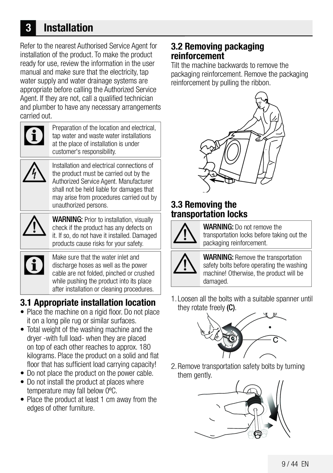 Beko ECO WMB 81445 LW manual Installation, Appropriate installation location, Removing packaging reinforcement 