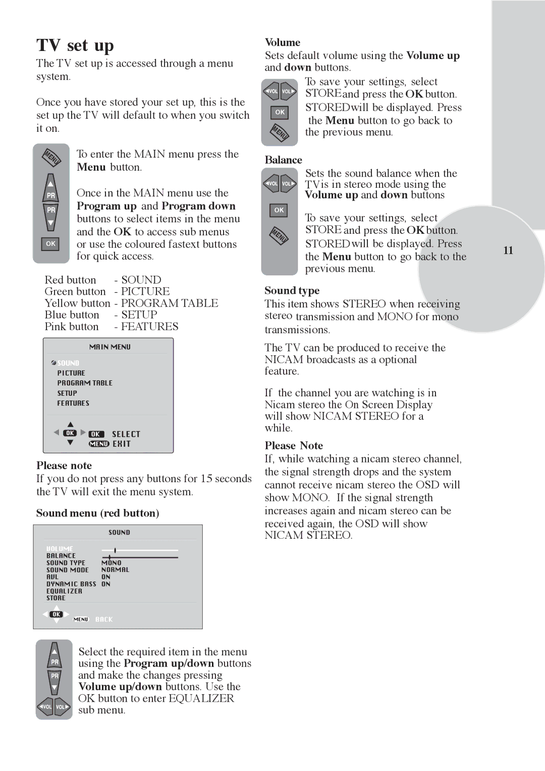 Beko F 772 GRI, F 972 SIYAH TV set up, Menu button, Sound menu red button, Volume up and down buttons, Sound type 