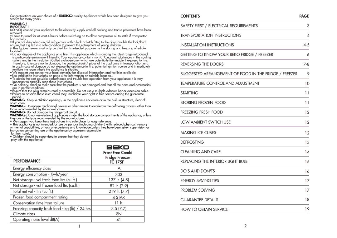 Beko FC 175F manual Performance 