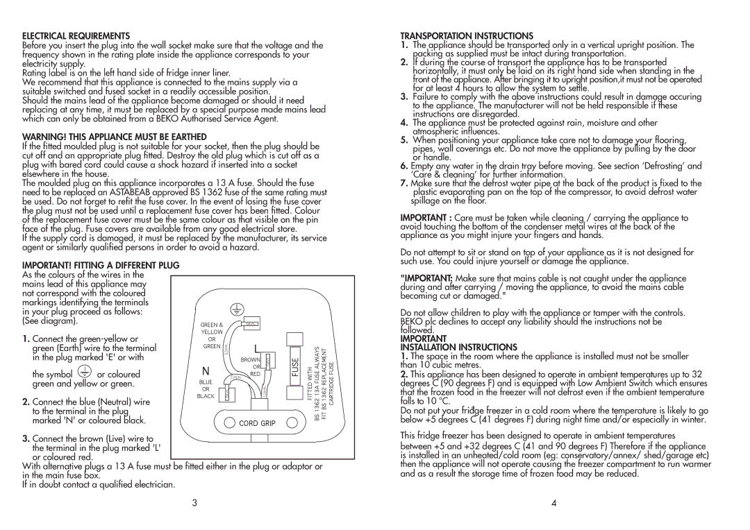 Beko FC 175F manual Electrical Requirements 