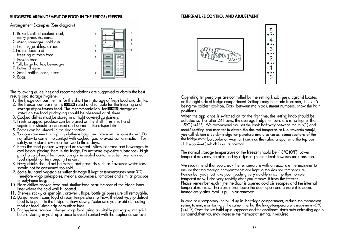 Beko FC 175F manual Suggested Arrangement of Food in the FRIDGE/FREEZER, Temperature Control and Adjustment 