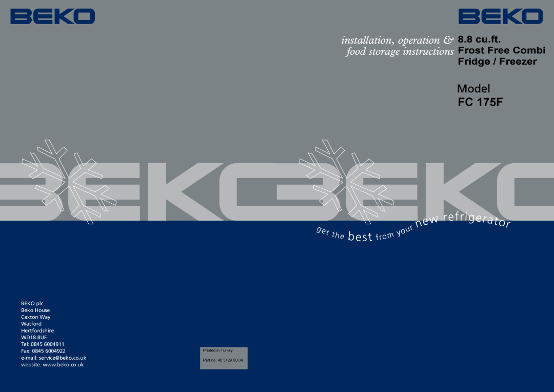 Beko FC 175F manual 8.8 cu.ft Frost Free Combi Fridge / Freezer 