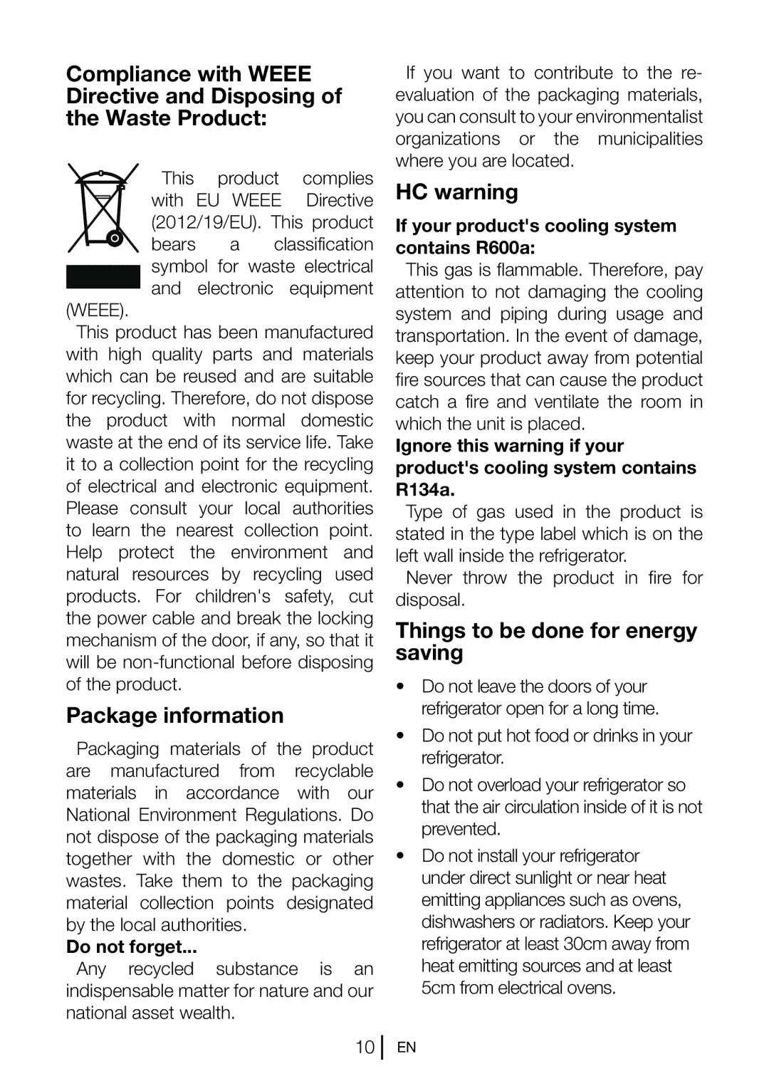 Beko FN 130430 manual Package information, HC warning, Things to be done for energy saving, Do not forget 