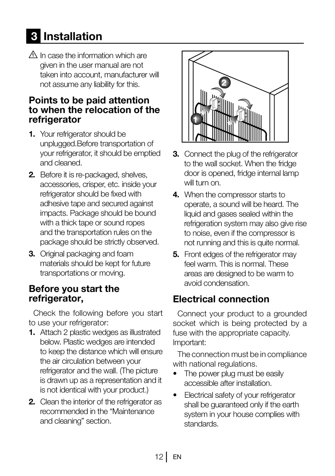 Beko FN 130430 manual Installation, Before you start the refrigerator, Electrical connection 