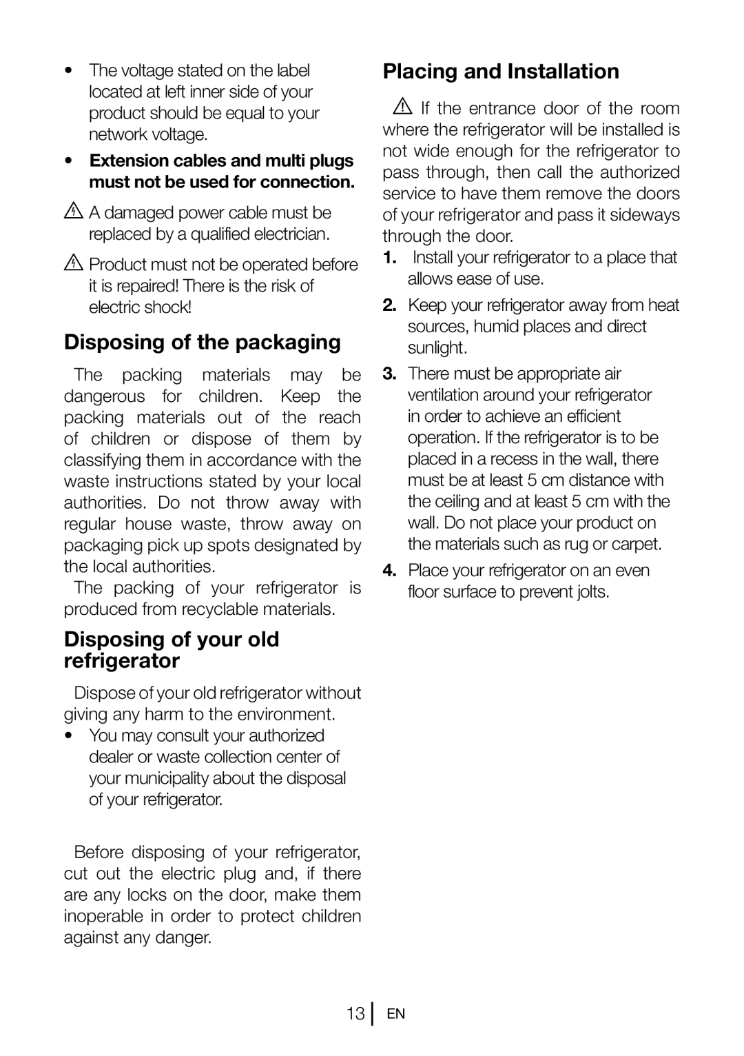 Beko FN 130430 manual Disposing of the packaging, Disposing of your old refrigerator, Placing and Installation 