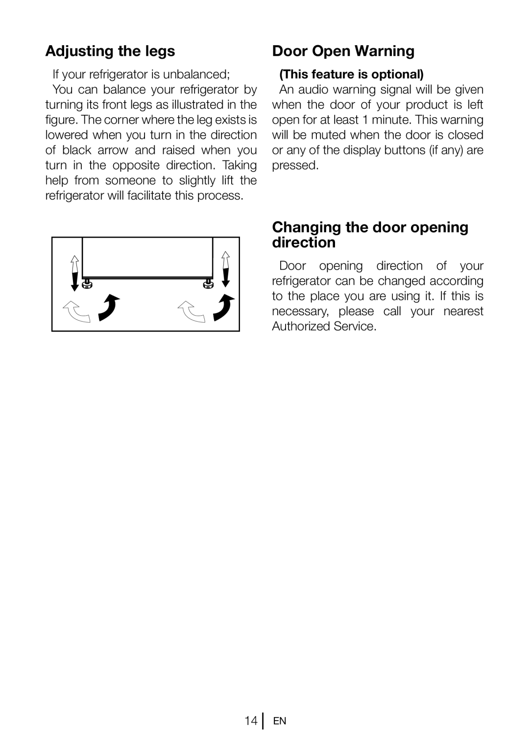 Beko FN 130430 manual Adjusting the legs, Door Open Warning, Changing the door opening direction, This feature is optional 