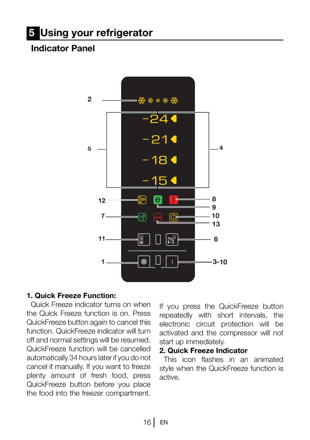 Beko FN 130430 manual Using your refrigerator, Indicator Panel, Quick Freeze Function, Quick Freeze Indicator 