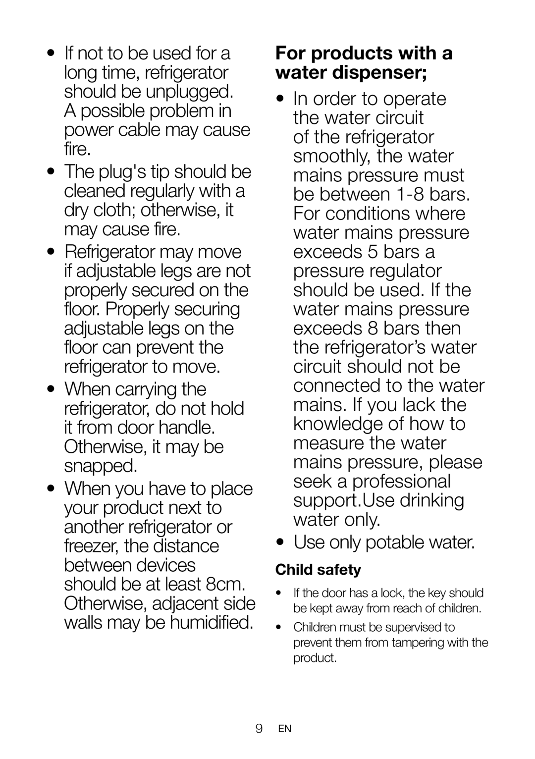 Beko FN 130430 manual For products with a water dispenser, Child safety 