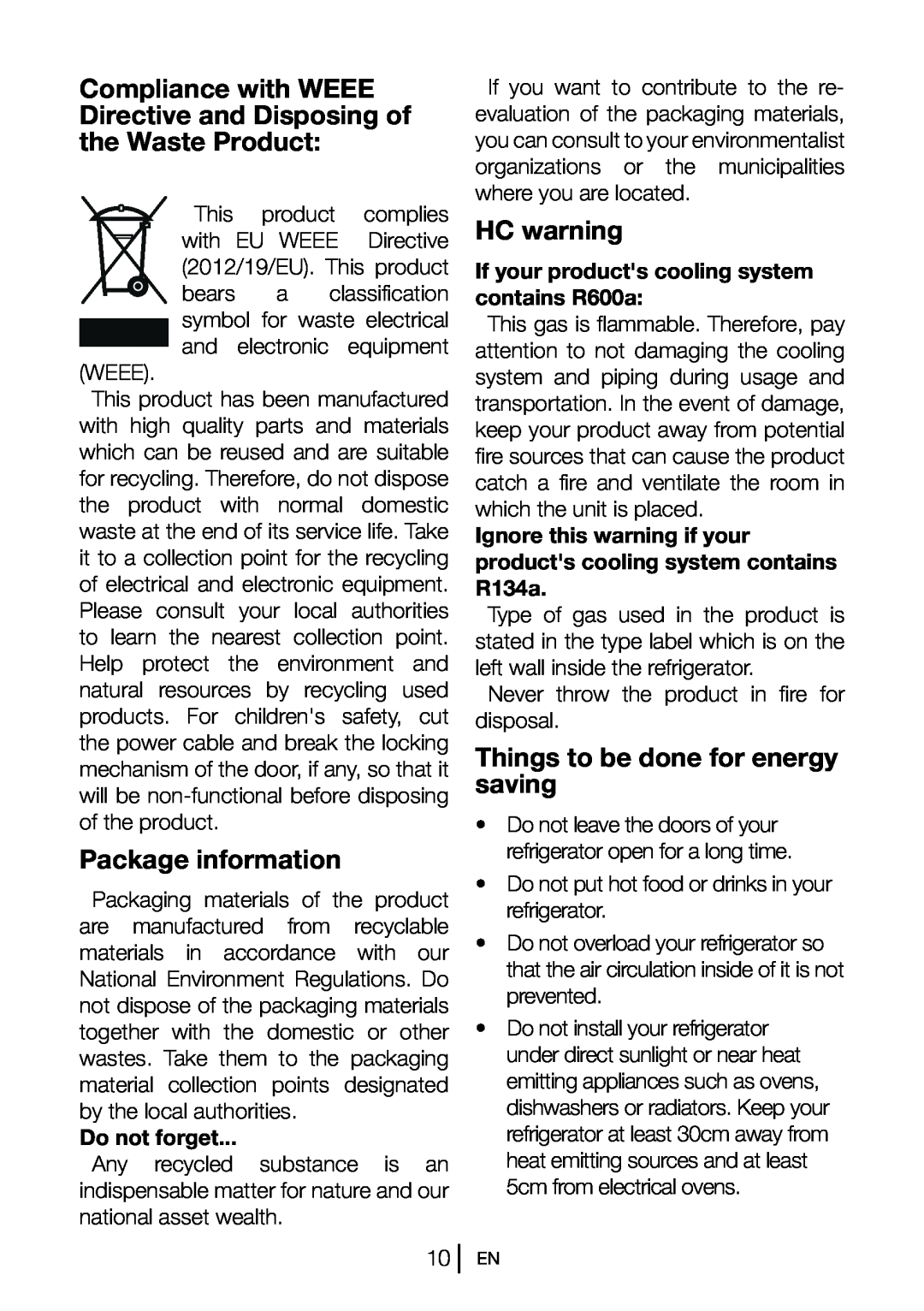 Beko FN 130430 manual Package information, HC warning, Things to be done for energy saving, Do not forget 