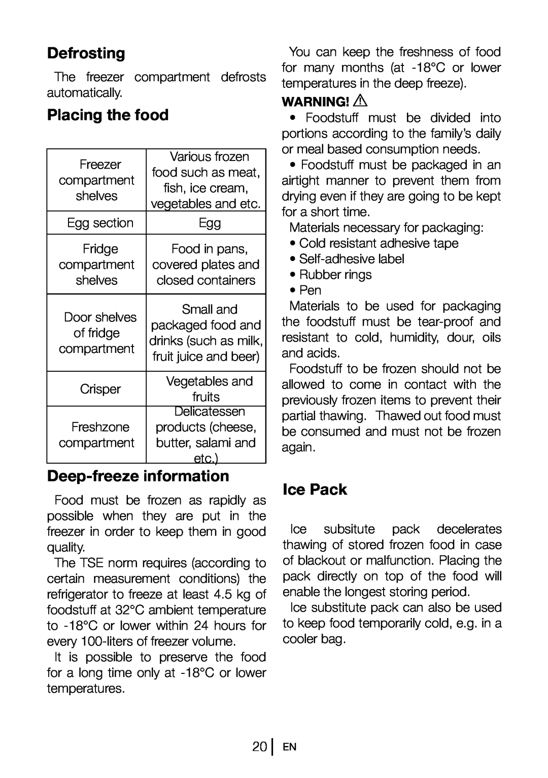 Beko FN 130430 manual Defrosting, Placing the food, Deep-freezeinformation, Ice Pack, Warning! A 