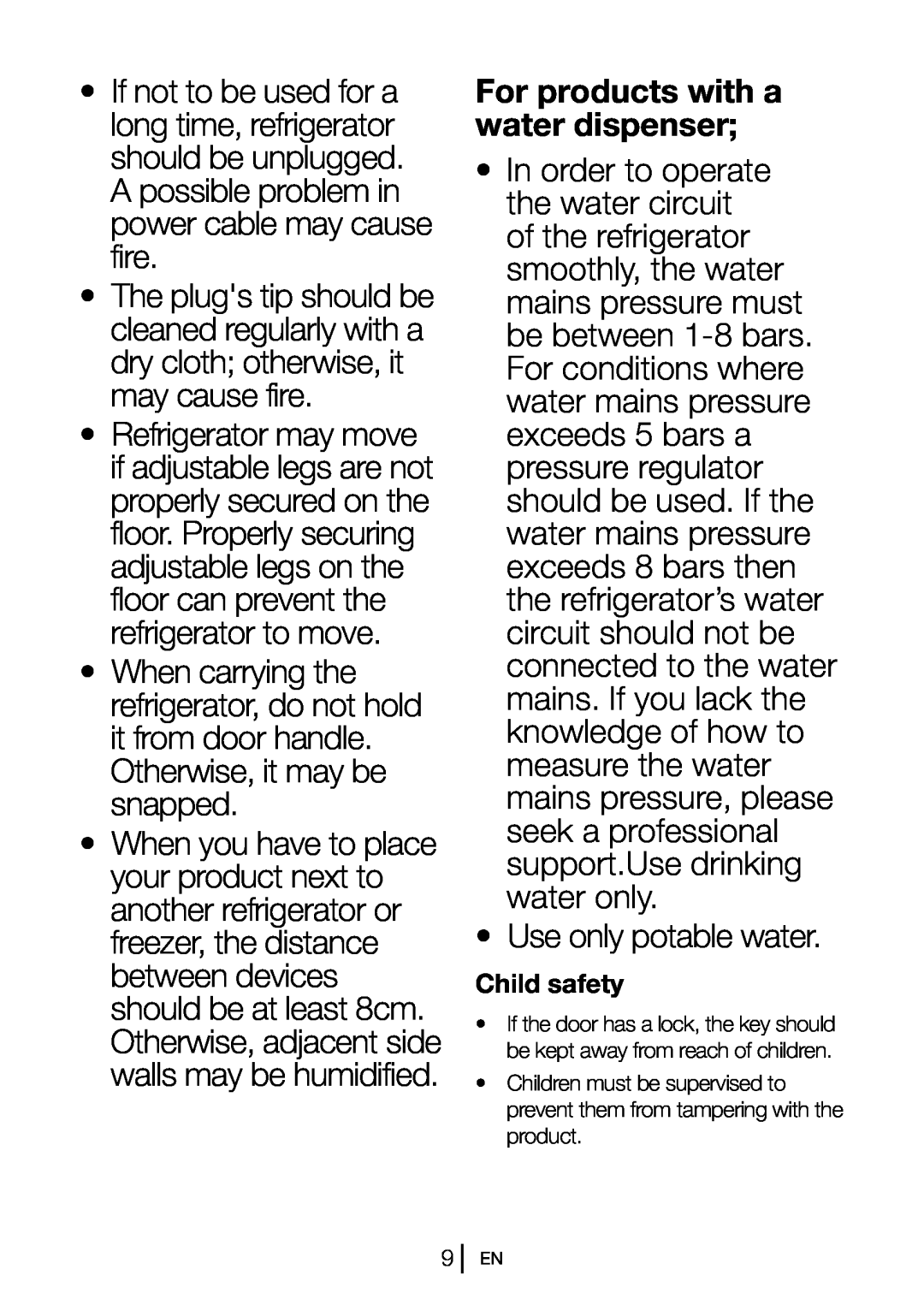 Beko FN 130430 manual For products with a water dispenser 