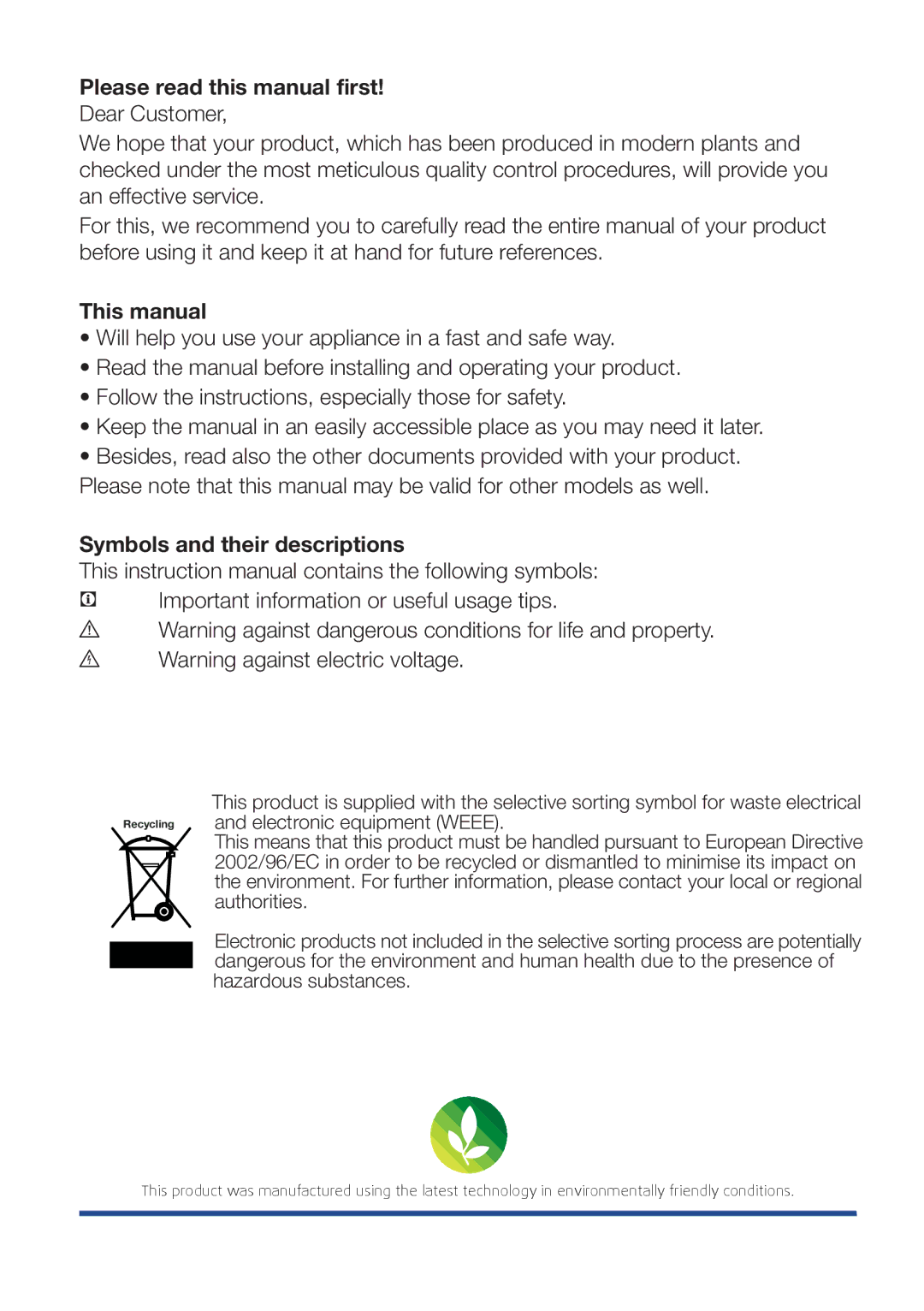 Beko FN126420 X, FN 126420 Please read this manual first, This manual, Symbols and their descriptions 