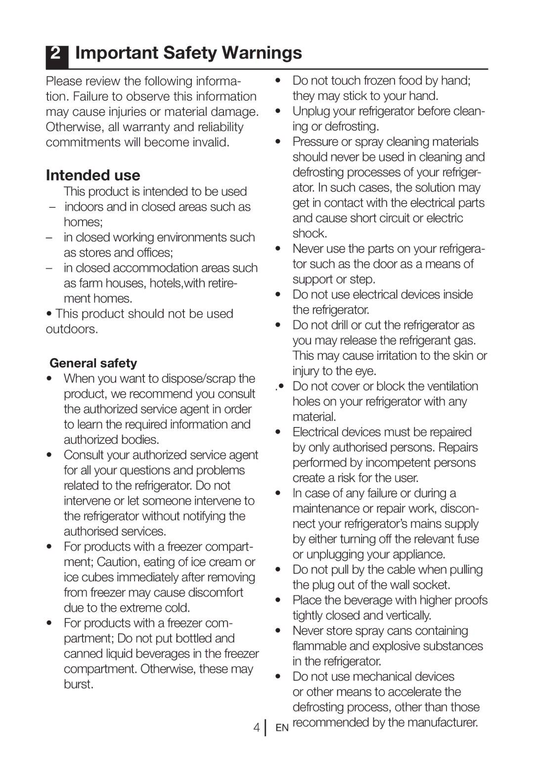 Beko FN 126420, FN126420 X manual Important Safety Warnings, Intended use, General safety 