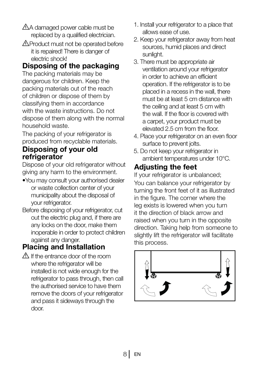 Beko FN 126420, FN126420 X manual Disposing of the packaging, Disposing of your old refrigerator, Placing and Installation 