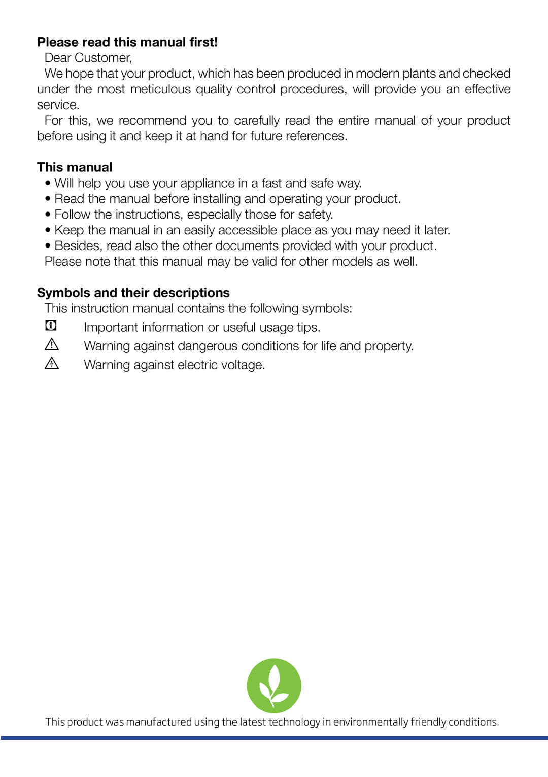 Beko FNE 1074 Please read this manual first, This manual, Symbols and their descriptions 