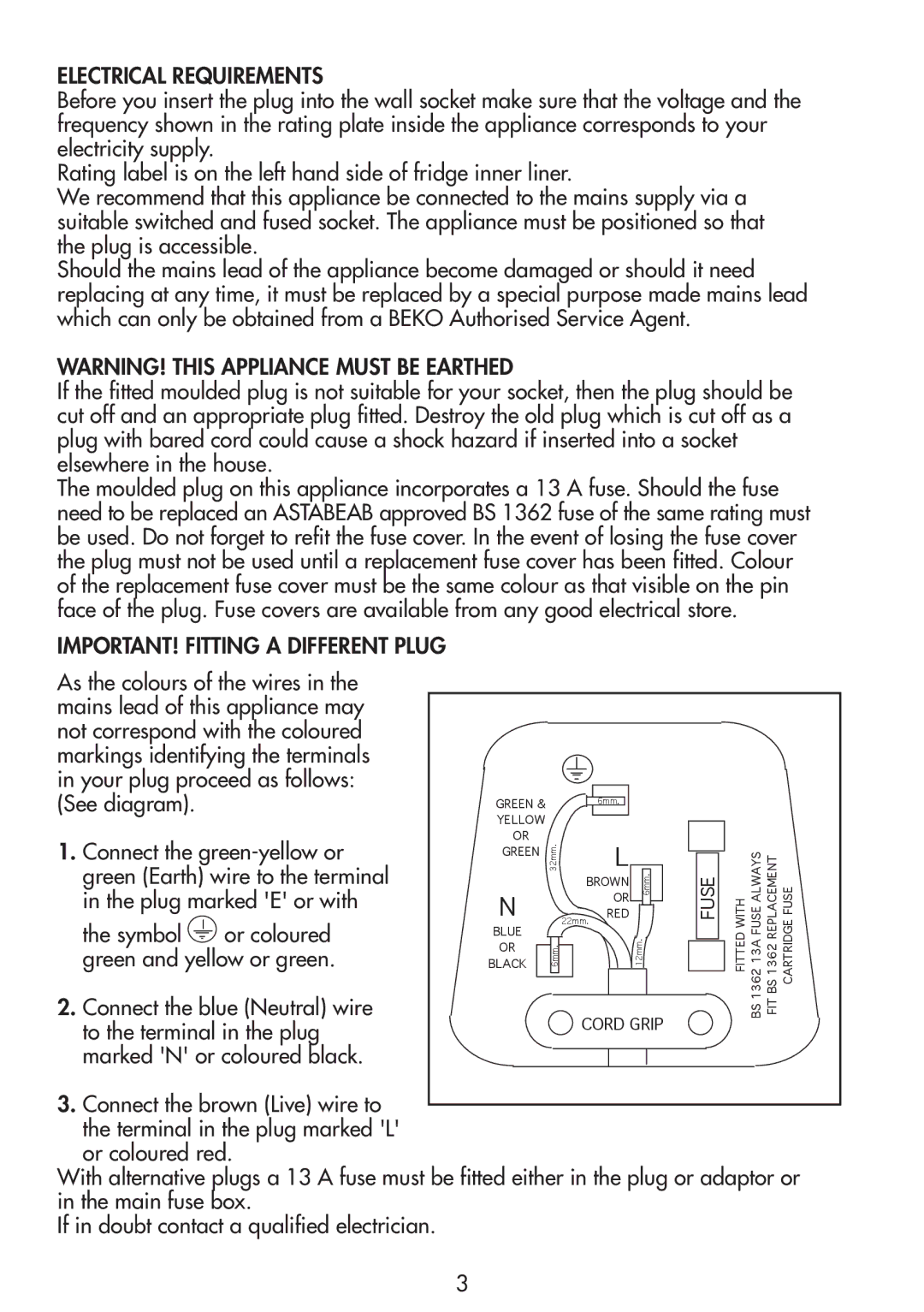 Beko GNE 114610 FX manual IMPORTANT! Fitting a Different Plug 