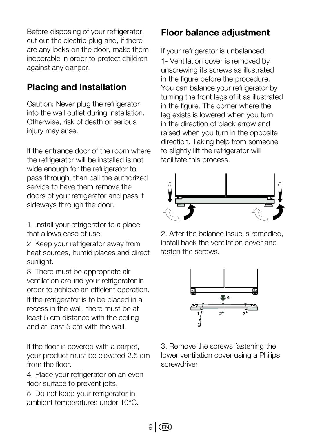 Beko GNE 114610 X manual Placing and Installation, Floor balance adjustment 