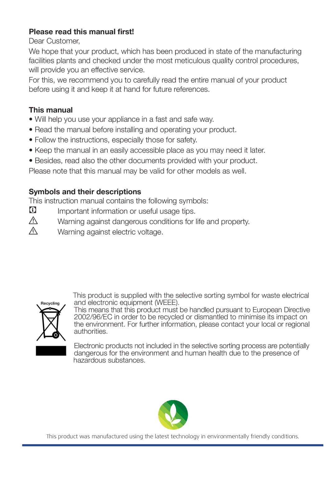 Beko GNE 134620 X Please read this manual first, This manual, Symbols and their descriptions 