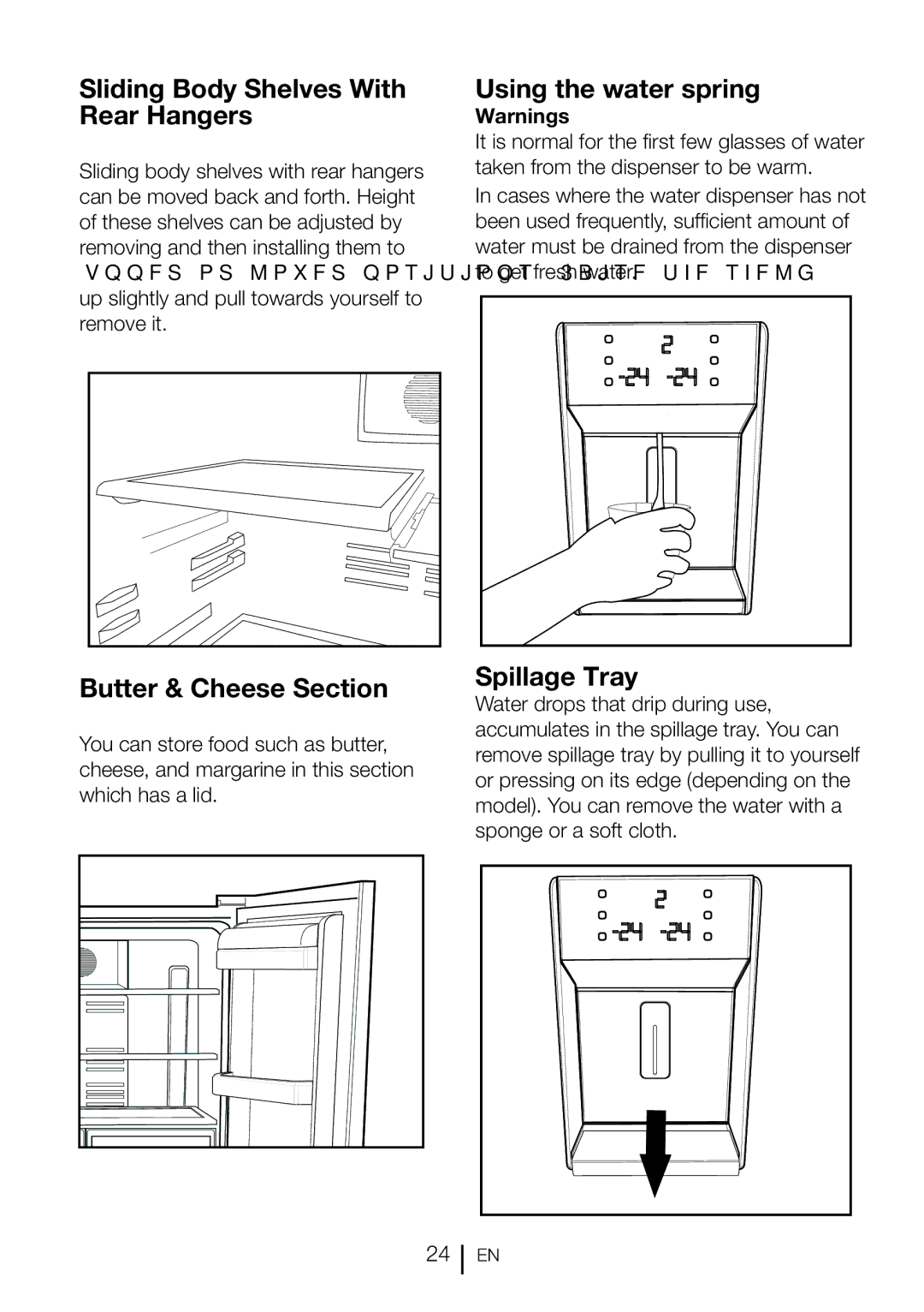 Beko GNE 134620 X Sliding Body Shelves With Rear Hangers, Butter & Cheese Section, Using the water spring, Spillage Tray 