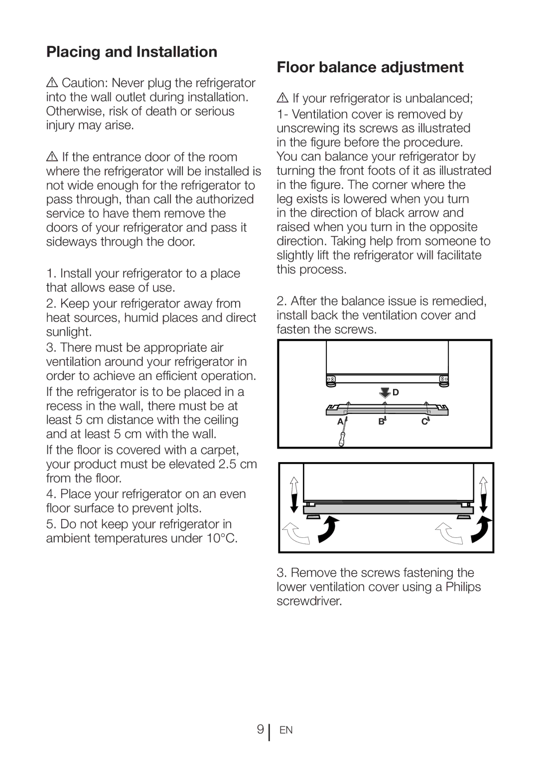 Beko GNE 60520 DX manual Placing and Installation, Floor balance adjustment 