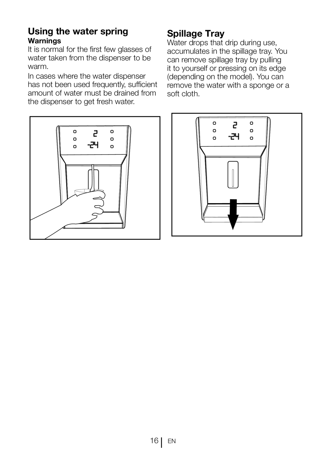 Beko GNE 60520 DX manual Using the water spring, Spillage Tray 