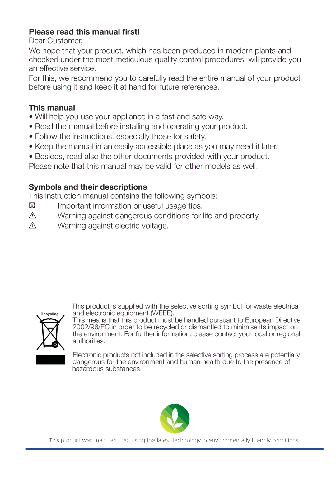 Beko GNE 60520 DX Please read this manual first, This manual, Symbols and their descriptions 