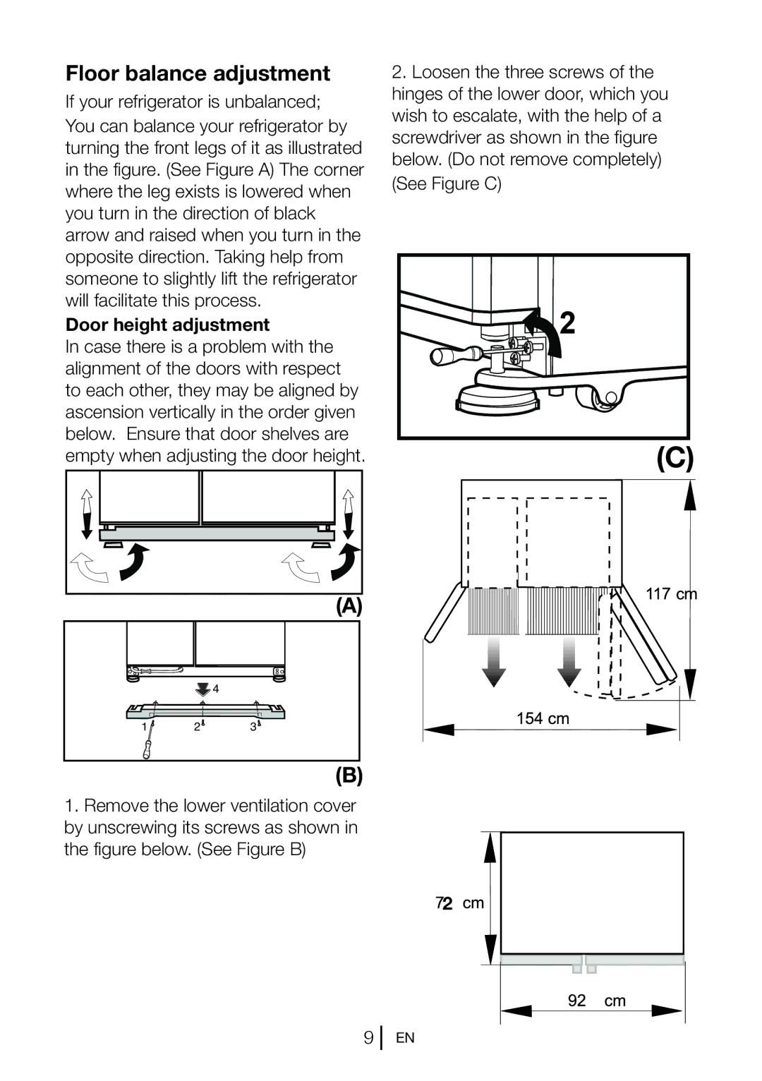 Beko gne v320 s, GNE V321APX, GNE V320APS, GNE V320 B, GL32APB manual Floor balance adjustment, Door height adjustment 