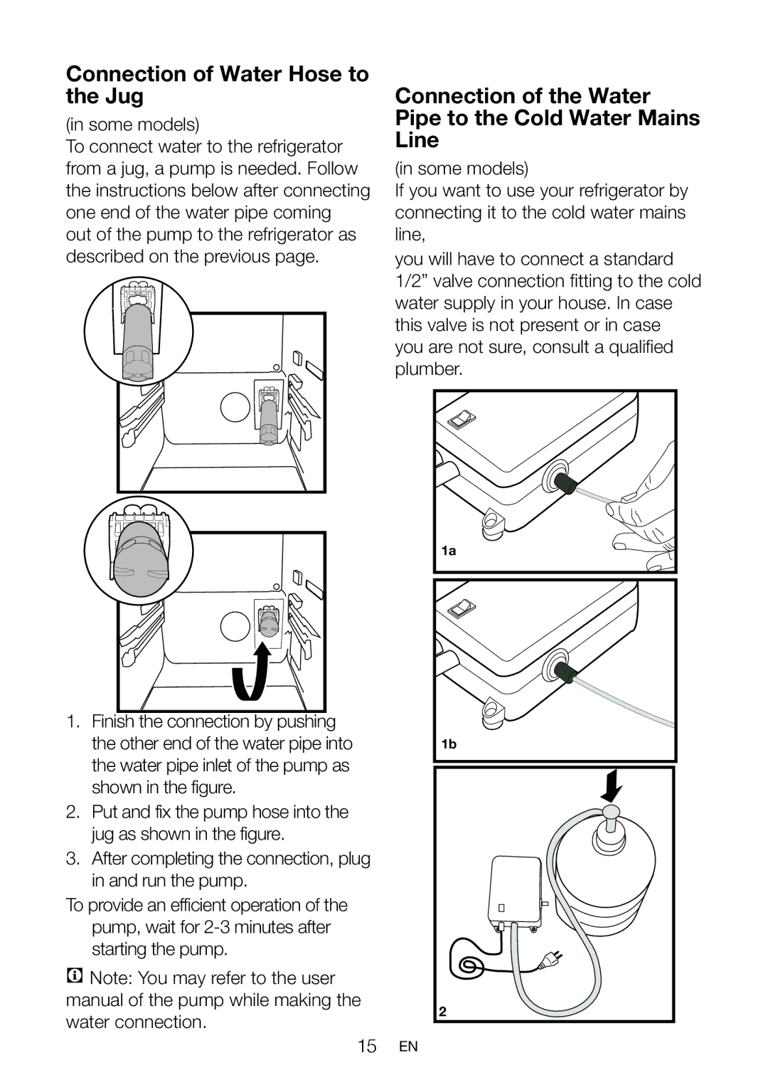 Beko GNE V321APX, GL32APB Connection of Water Hose to the Jug, Connection of the Water Pipe to the Cold Water Mains Line 