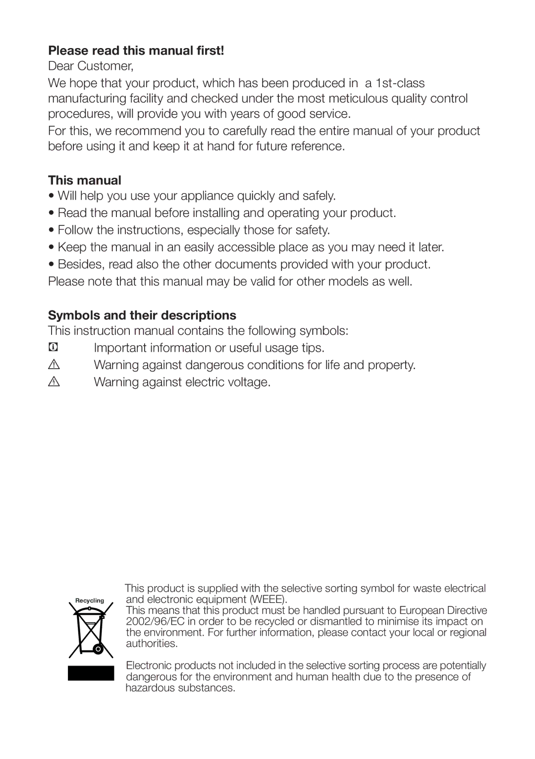 Beko GNE V320APS, gne v320 s, GNE V321APX Please read this manual first, This manual, Symbols and their descriptions 