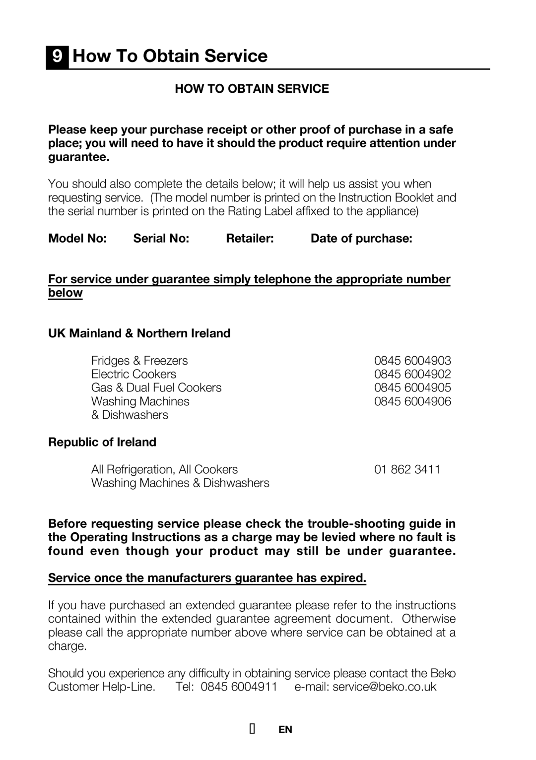 Beko GL32APB, gne v320 s, GNE V321APX, GNE V320APS How To Obtain Service, Model No Serial No Retailer, Republic of Ireland 