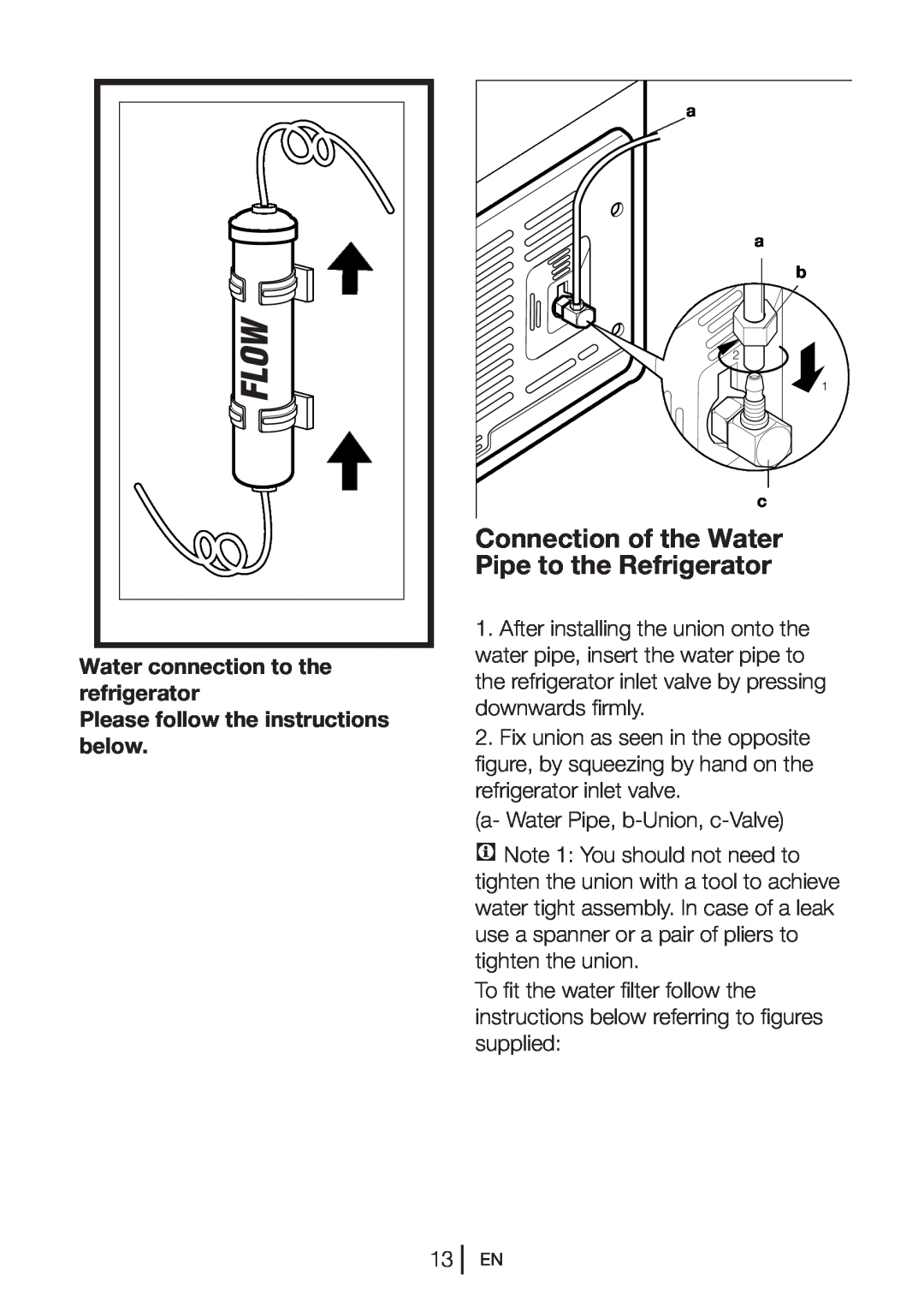 Beko GL32APB, gne v320 s manual Connection of the Water, Pipe to the Refrigerator, Water connection to the refrigerator 