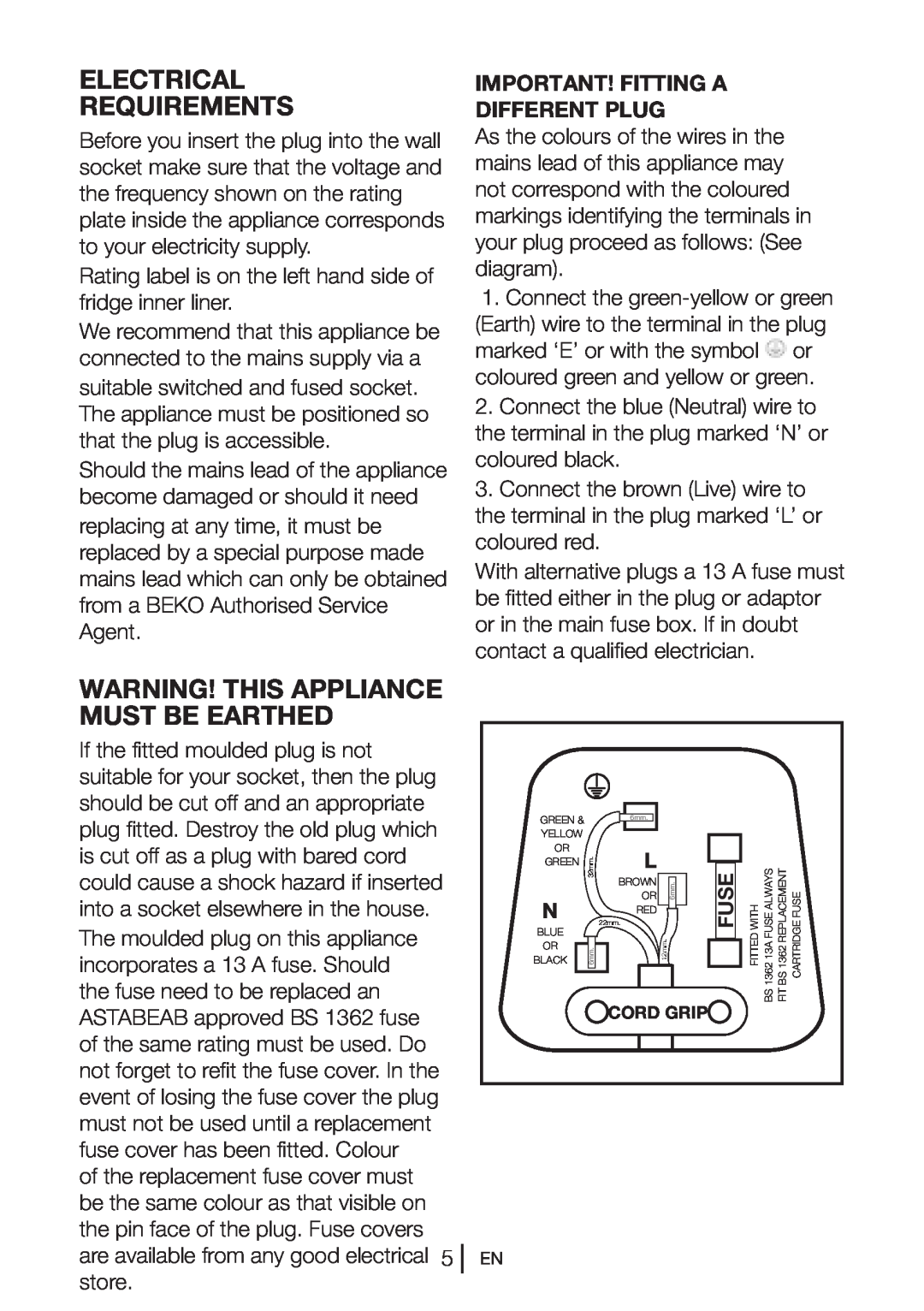 Beko GNE V321APX Electrical Requirements, Warning! This Appliance Must Be Earthed, Important! Fitting A Different Plug 