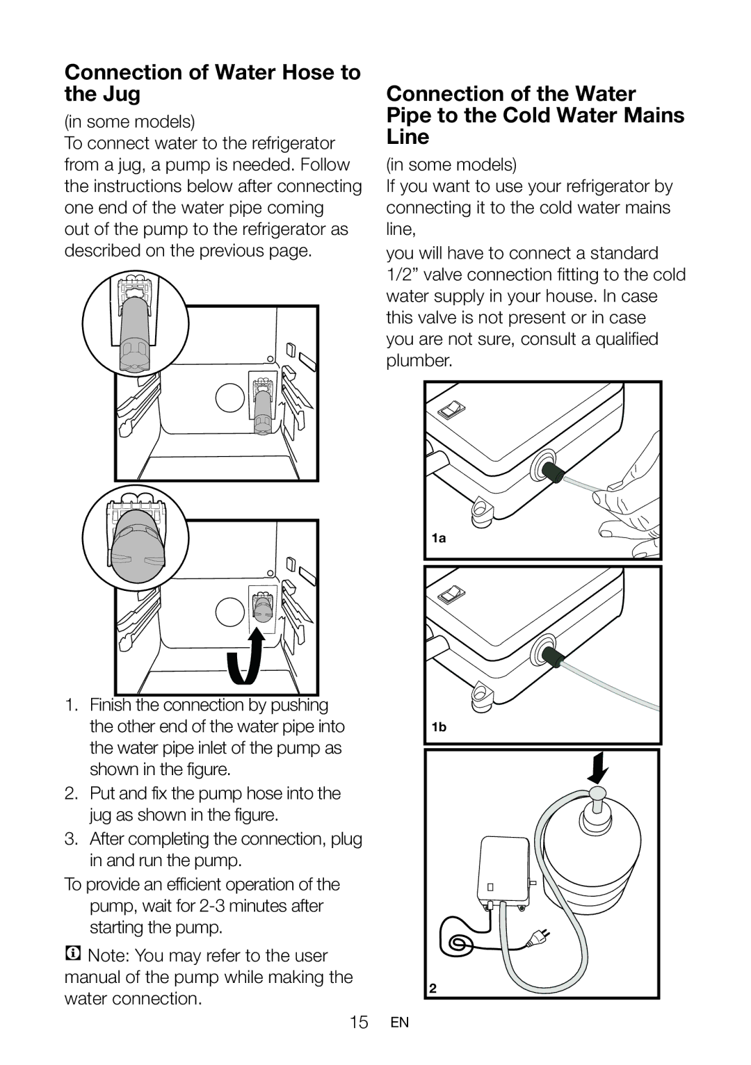 Beko gne v320 s manual Connection of Water Hose to the Jug, Connection of the Water Pipe to the Cold Water Mains Line 